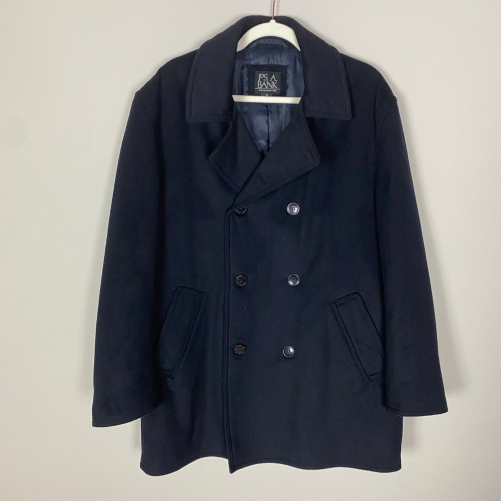 Jos A Bank Mens Double‎ Breasted Pea Coat Jacket Navy Blue Wool Blend Medium